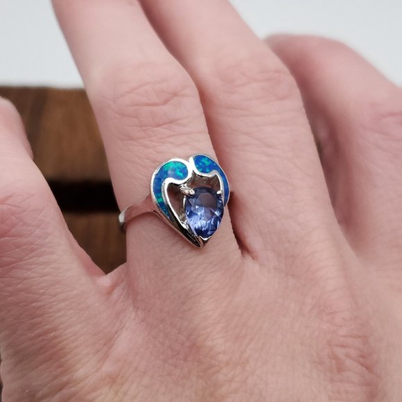 Size 7 925 Sterling Silver Fancy Purple Cubic Zirconia And Blue Green Opal Ring - Picture 4 of 8